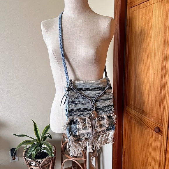 Recycled Handmade Fringe Boho Hippie Crossbody Purse Fringe Blue Trendy School - Picture 2 of 11